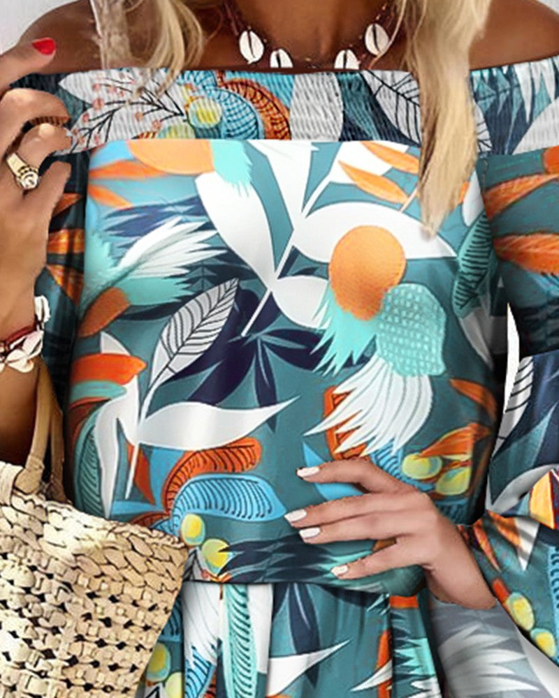 Off Shoulder Shirred Bell Sleeve Tropical Print Dress