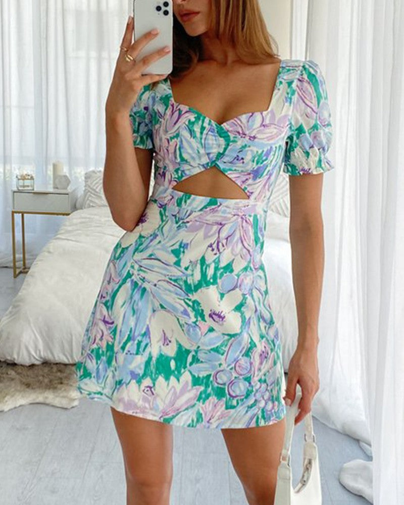 Floral Print Short Sleeve Cut-out ny Women Dress