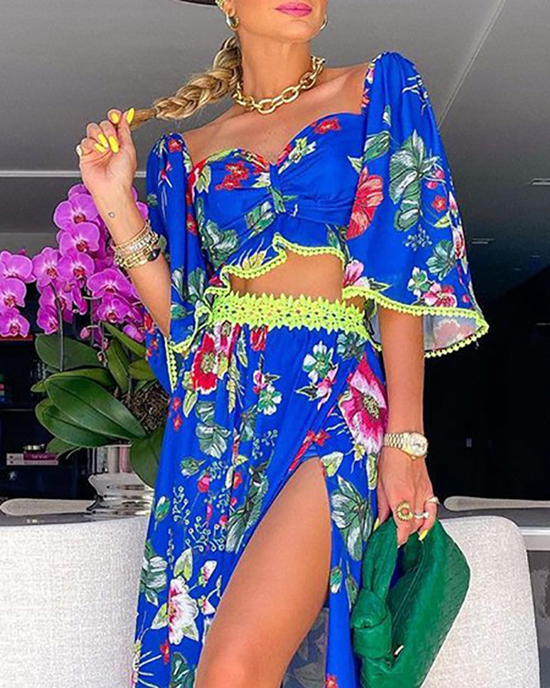 Floral Print Lace Patch Top & Slit Skirt Set