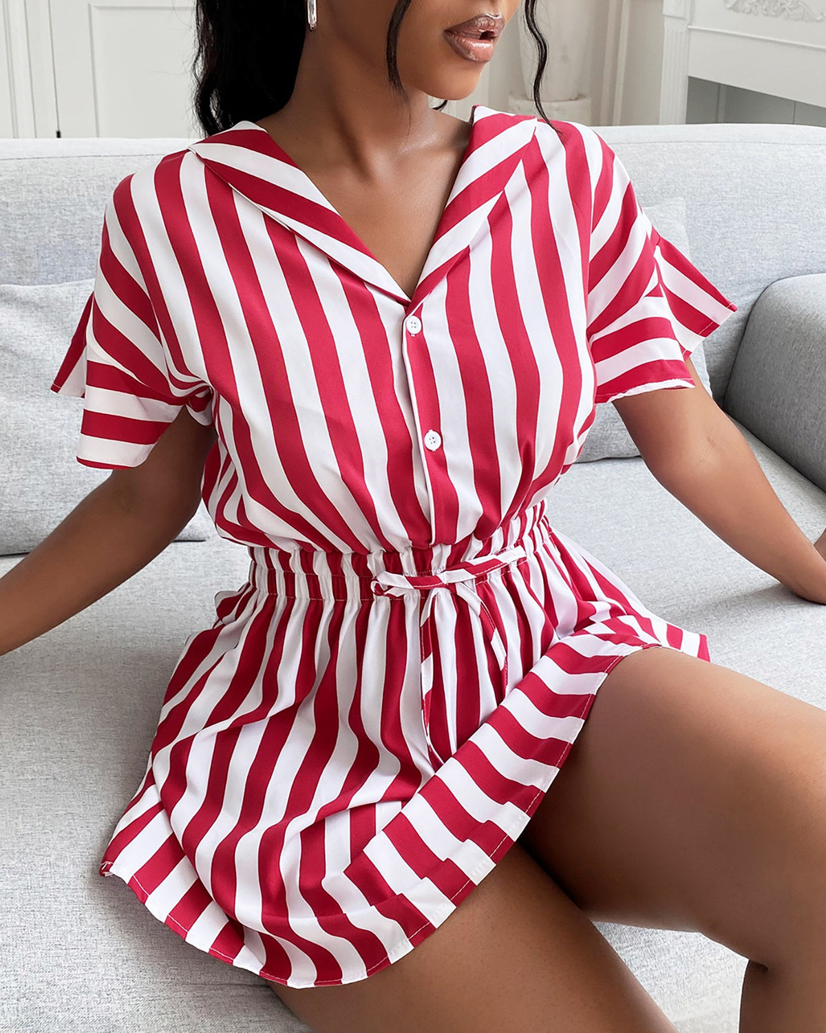 Striped Color Ruffles Shirt Dress