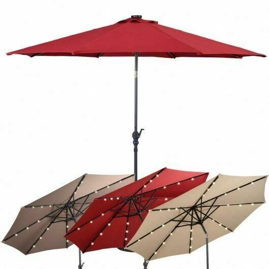 Dur10' Patio Solar Umbrella LED Patio Market Steel Tilt W/ Crank OutdoorBurgundy