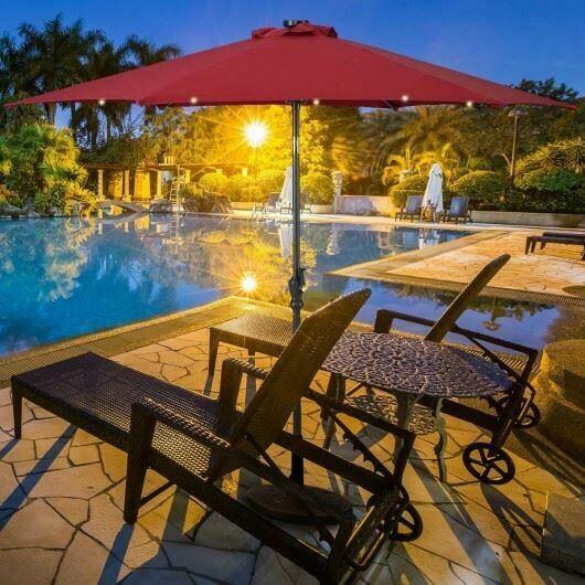 Dur10' Patio Solar Umbrella LED Patio Market Steel Tilt W/ Crank OutdoorBurgundy