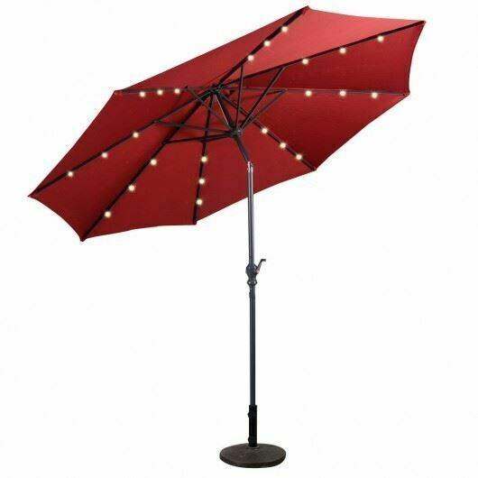 Dur10' Patio Solar Umbrella LED Patio Market Steel Tilt W/ Crank OutdoorBurgundy