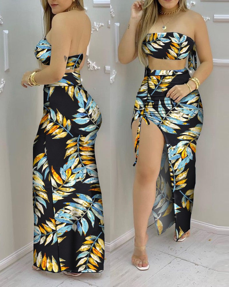 Tropical Print Bandeau Crop Top & Drawstring High Slit Skirt Sets