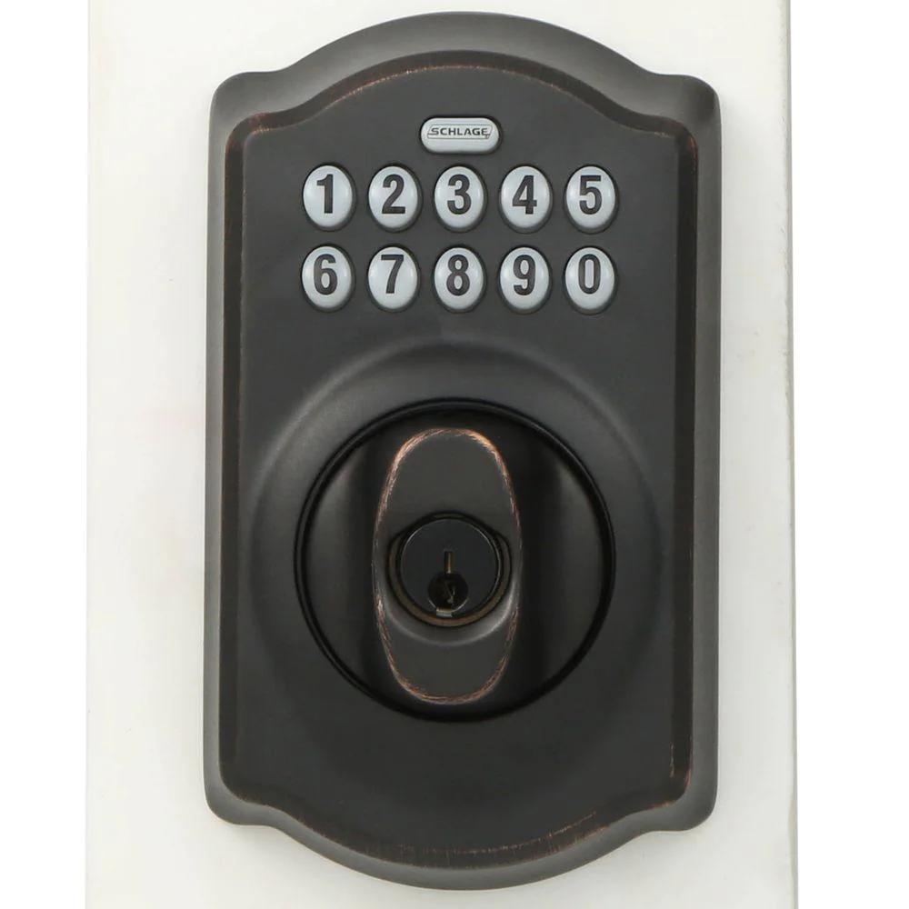 Camelot Keypad Electronic Door Lock Deadbolt and Georgian Knob in Aged Bronze