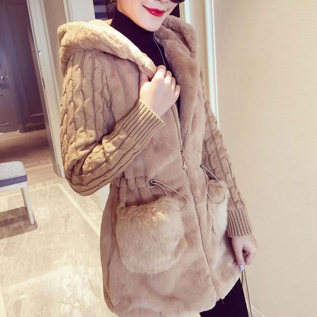 2021 Women Warm Patchwork Knitted Warm Hooded Coats
