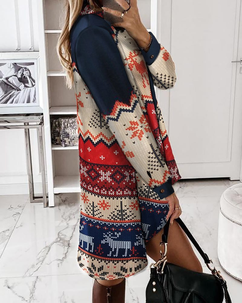 Christmas Print Buttoned Shirt Dress