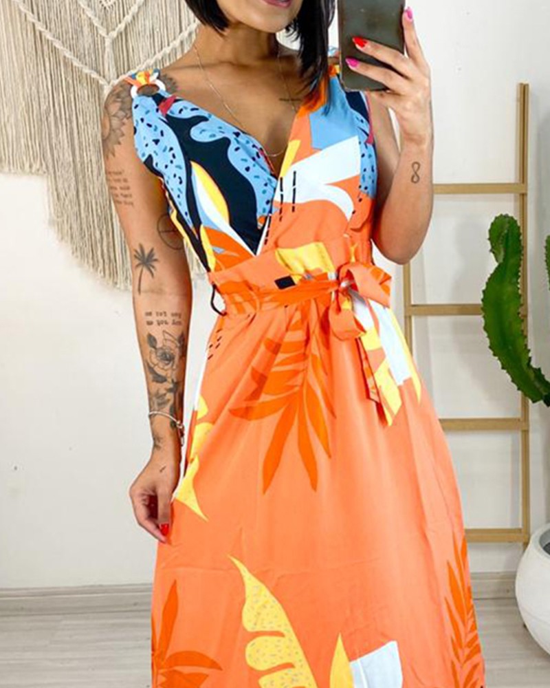 Tropical Print O-Ring Decor Wrap Maxi Dress