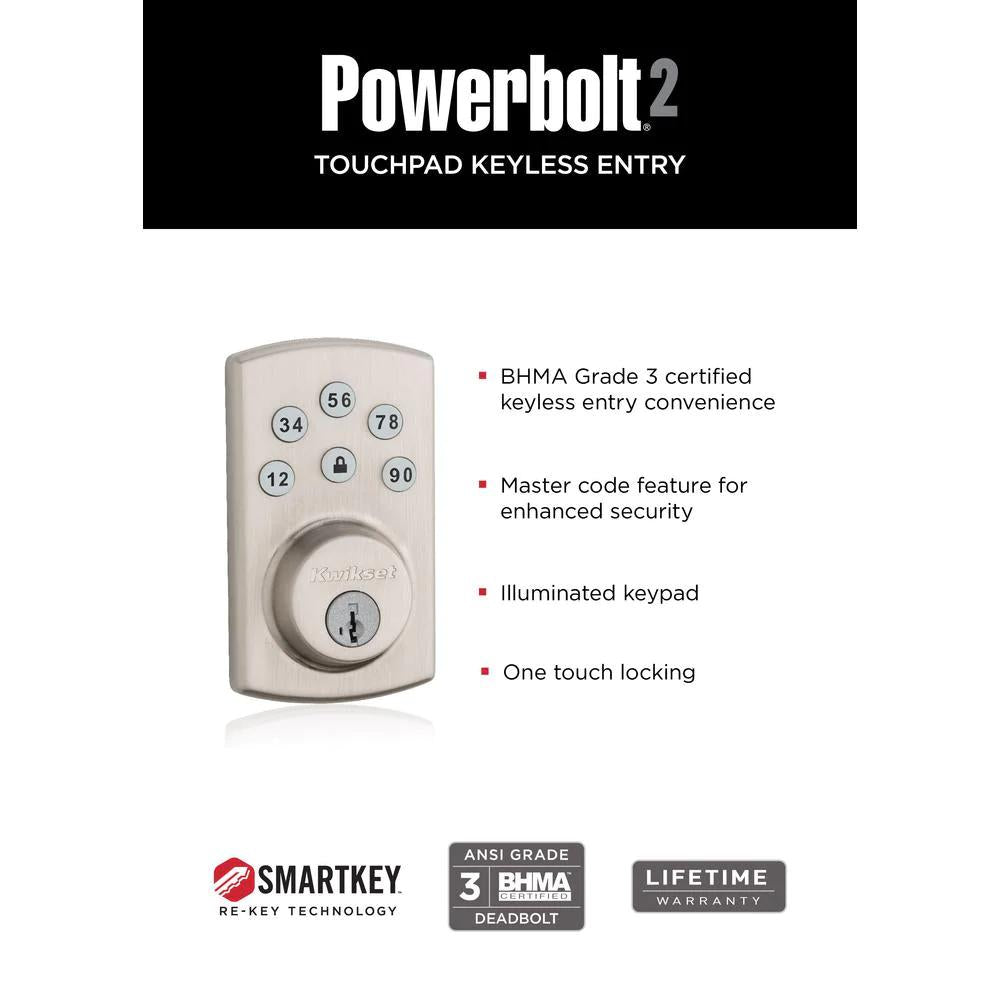 Powerbolt2 Satin Nickel Single Cylinder Electronic Deadbolt Featuring SmartKey Security and Cove PassaKnob