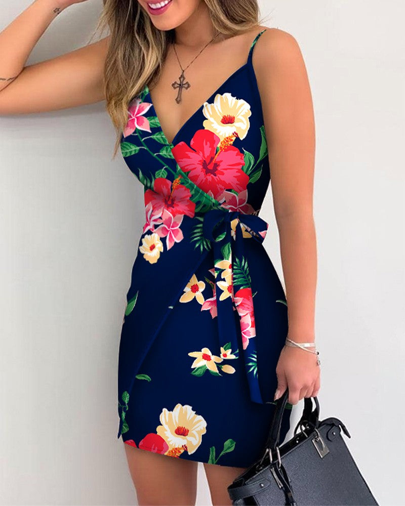Floral Print V-Neck Wrap Tie Side Cami Dress Sleeveless Slim Elegant Mini Dress