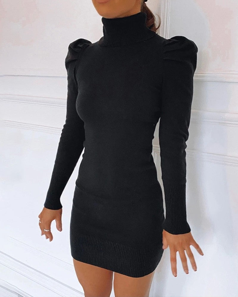 Plain Puff Sleeve Bodycon Women Dress