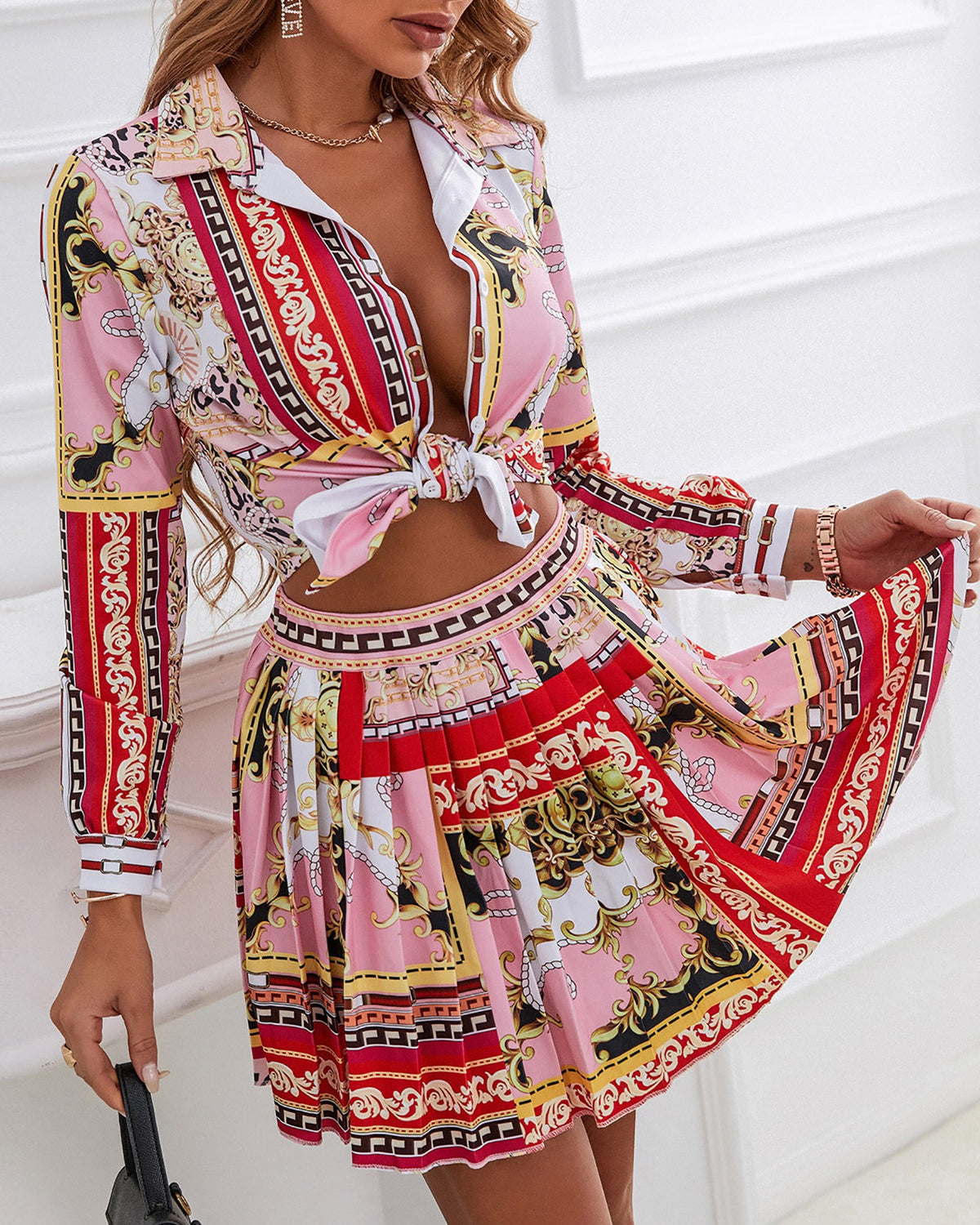 Scarf Print Button Design Shirt & Pleated Skirt Set