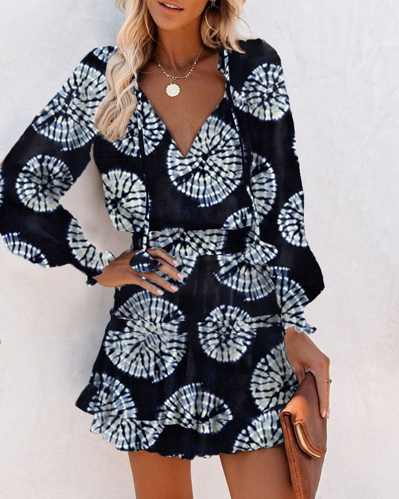 All Over Print ny Waist Long Sleeve Mini Dress