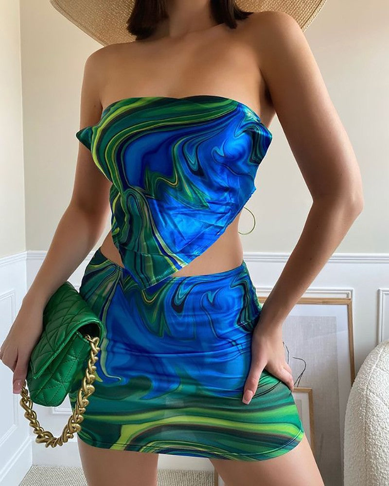 Color Handkerchief Bandeau Top & Skirt Sets