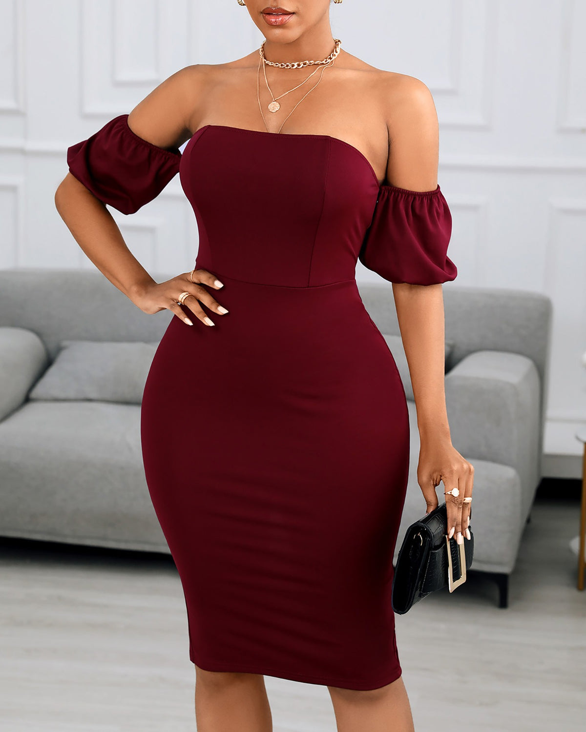 Off Shoulder Plain Zipper Design Back Slit Women Dress