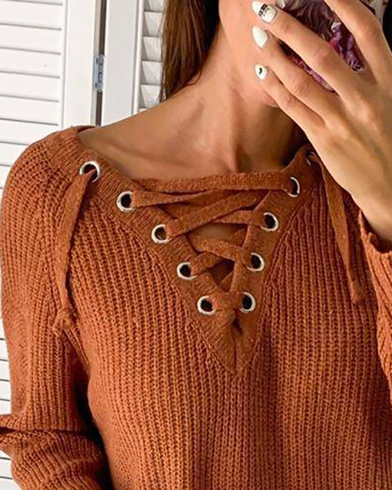 Knit Eyelet Lace Up Long Sleeve Dress