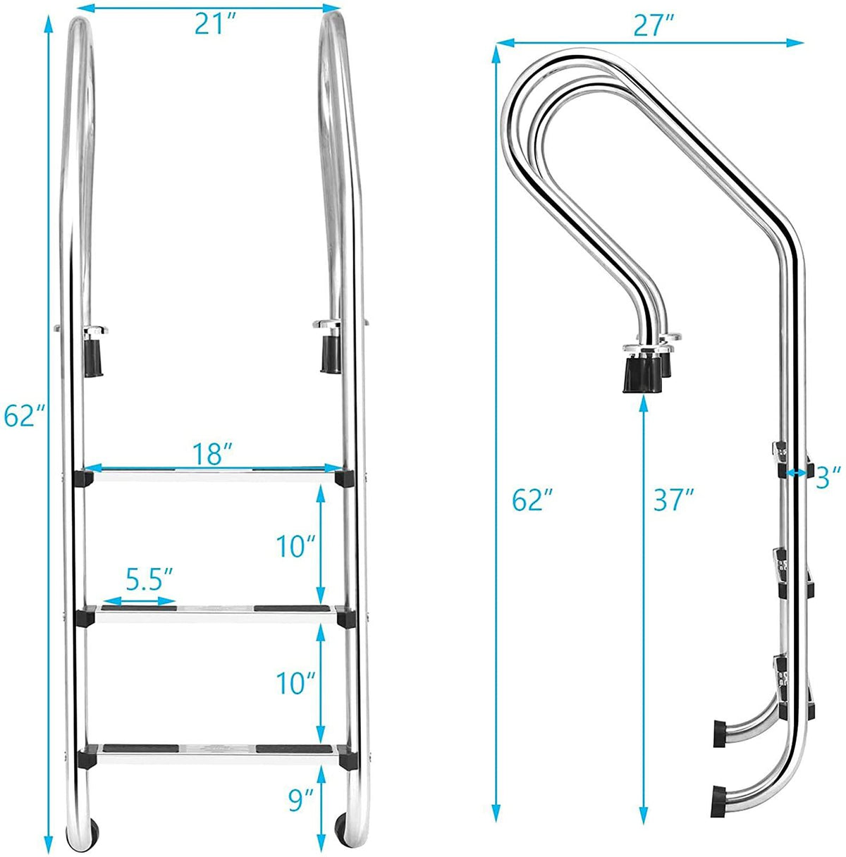 Yu Liao Pool Ladder,Stainless Steel 3‑Step Ladder Non Slip Above Ground Pool Ladder,for Private and Large Swimming Pools