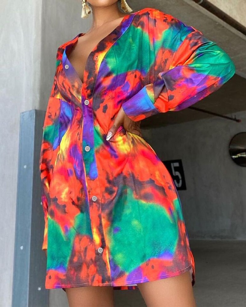 Tie Dye Long Sleeve Button Front Shirt Dress