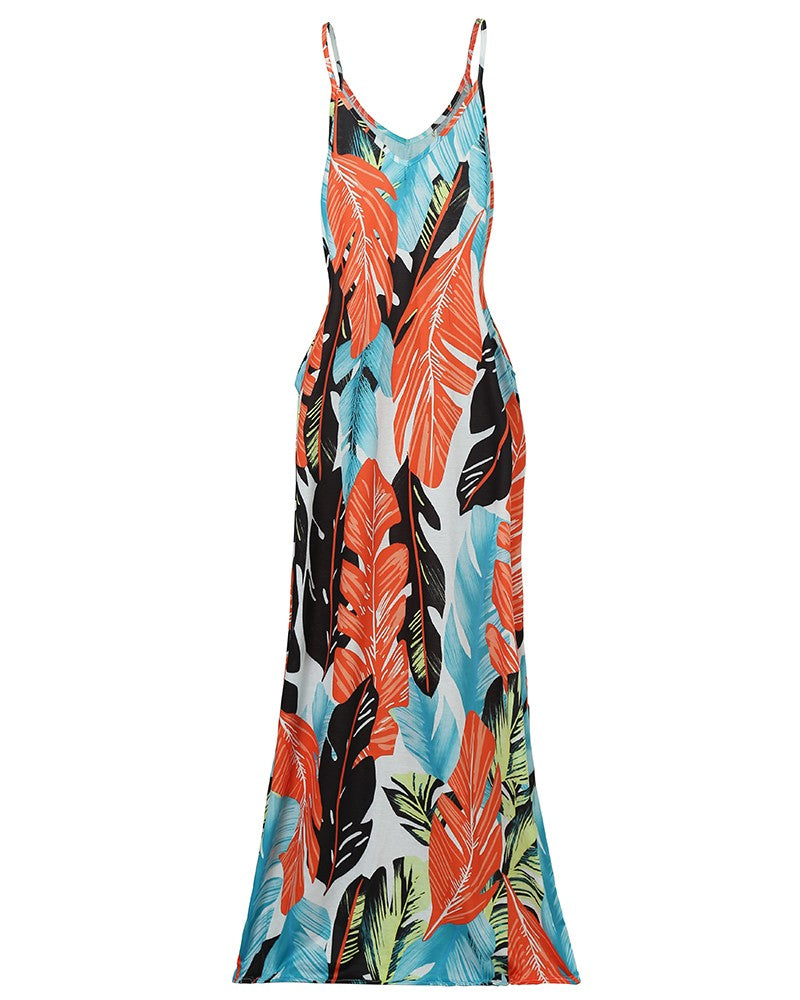 V Neck Dresses Leaf Print Casual Beach Party Swing Dress With Pockets