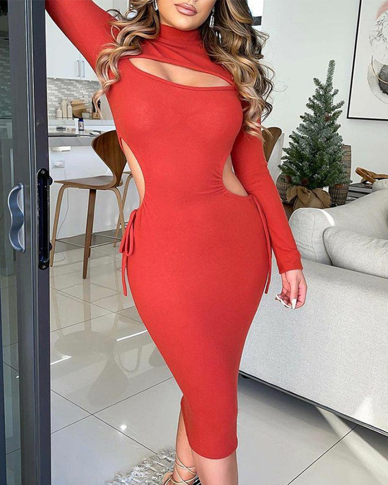 Solid Cutout Drawstring Bodycon Dress