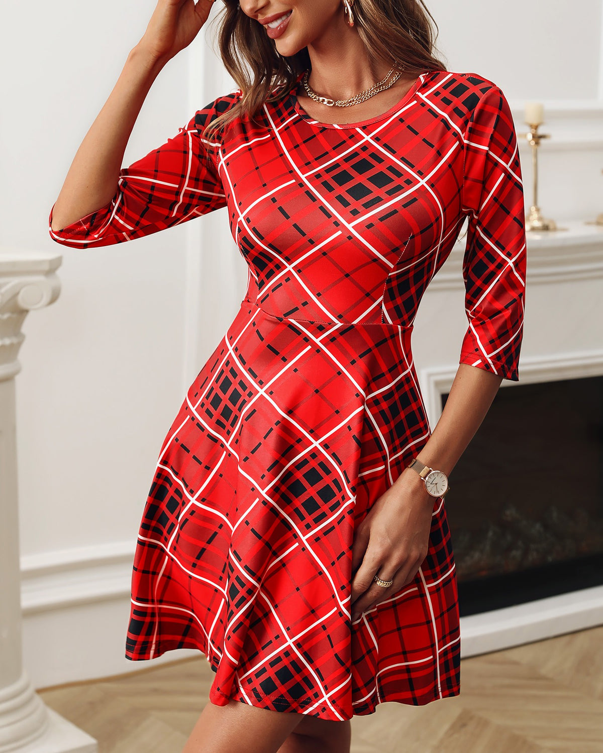 Half Sleeve Plaid Casual Flared Women Dress