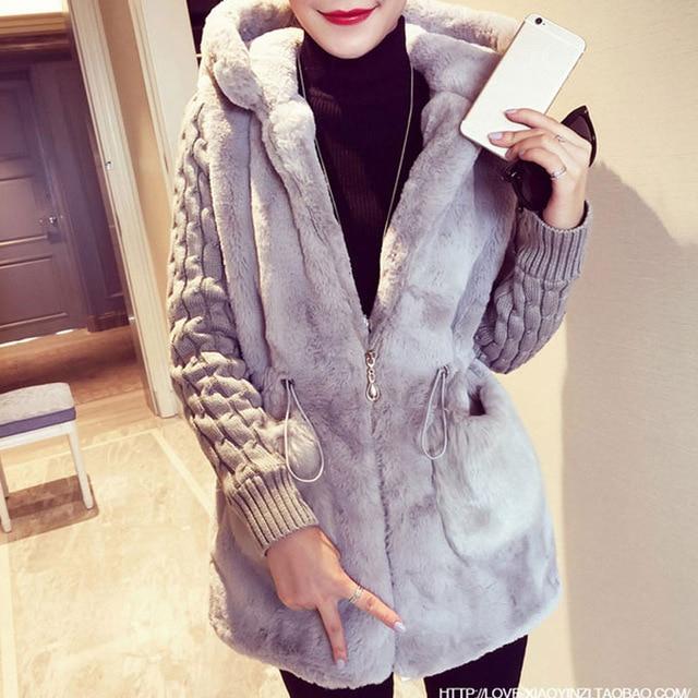 2021 Women Warm Patchwork Knitted Warm Hooded Coats