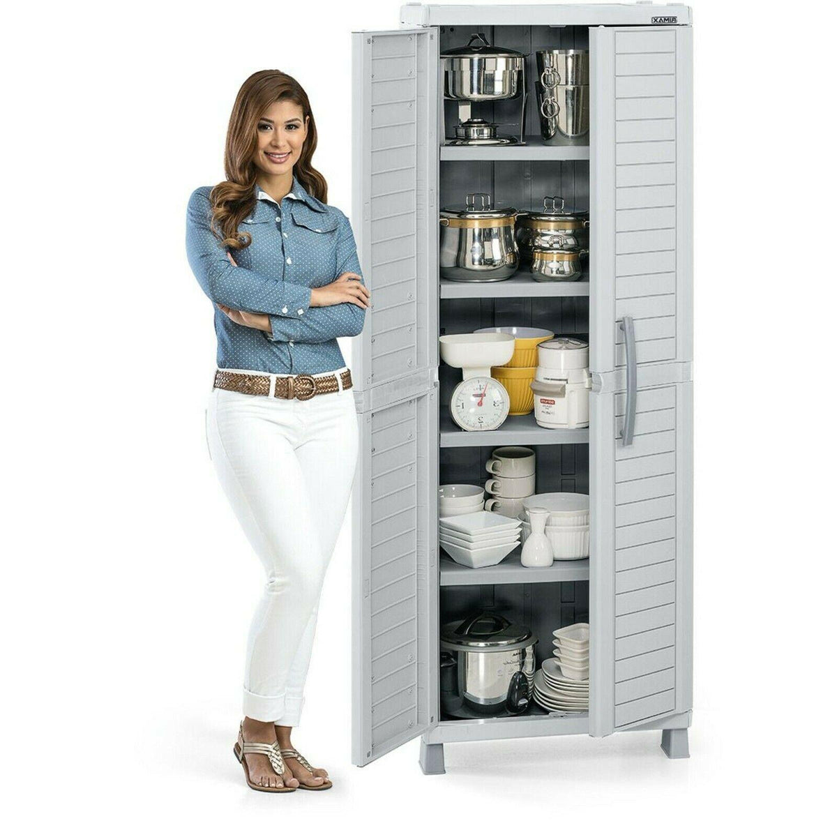 Outdoor Storage Cabinet Plastic Shed Gray 5 Shelves Garden Indoor Garage Utility
