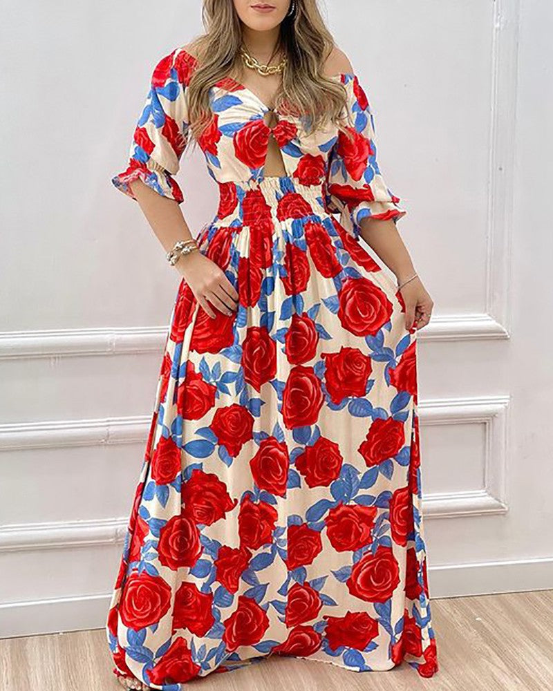 Floral Print Cutout Half Sleeve Maxi Dress