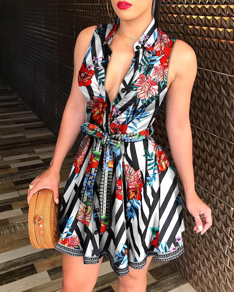 Floral Print Tie Waist Sleeveless Shirt Dress