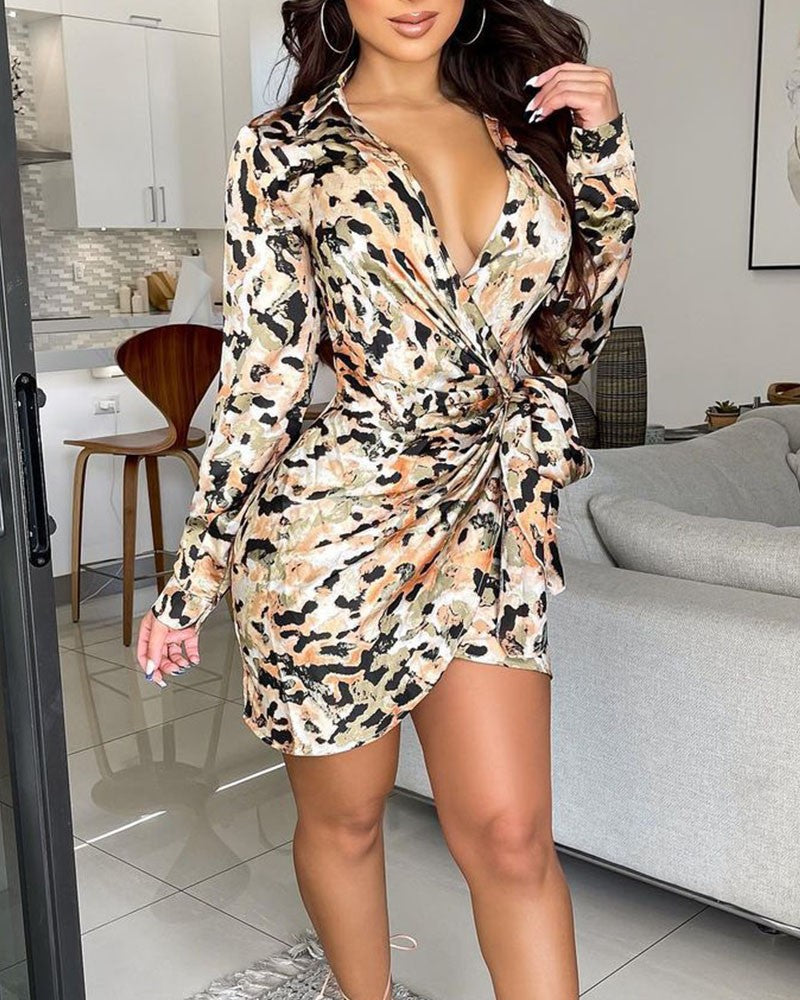 All Over Leopard Print Knot Front Ruched Shirt Dress