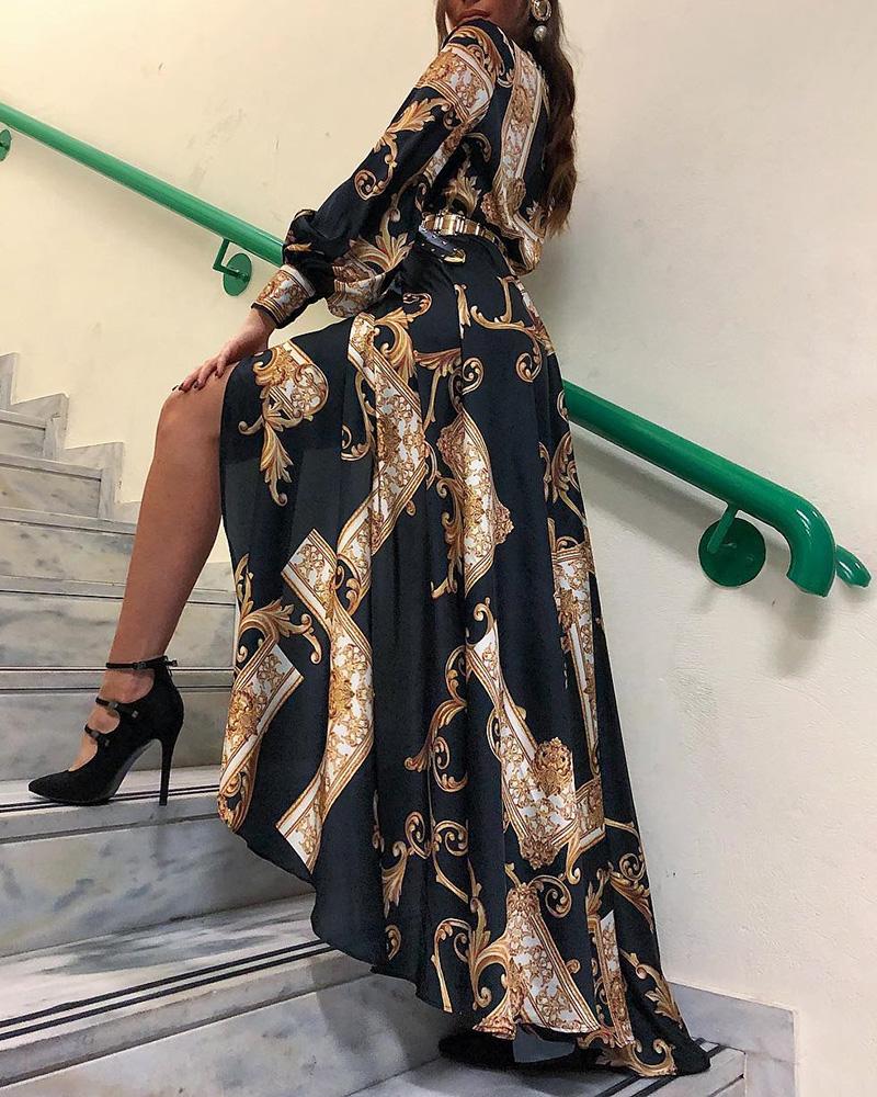 Baroque Print Lantern Sleeve Maxi Dress
