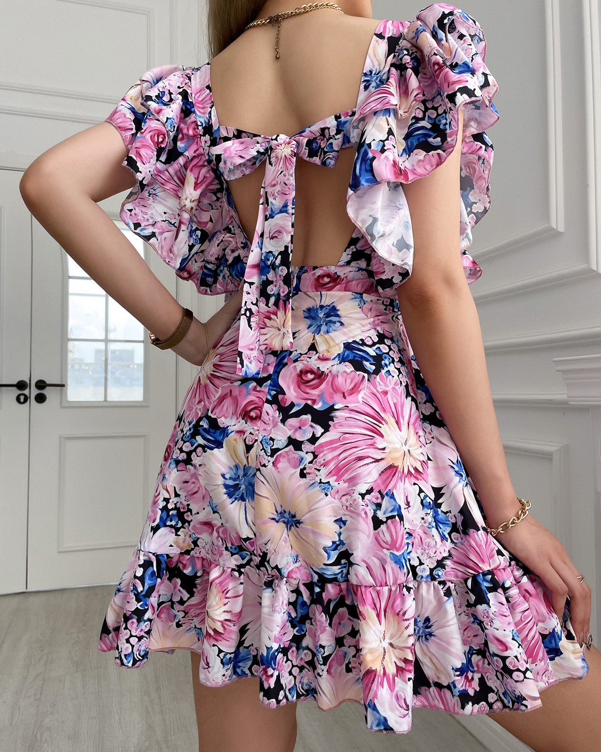 Floral Print Tied Detail Backless Ruched Dress