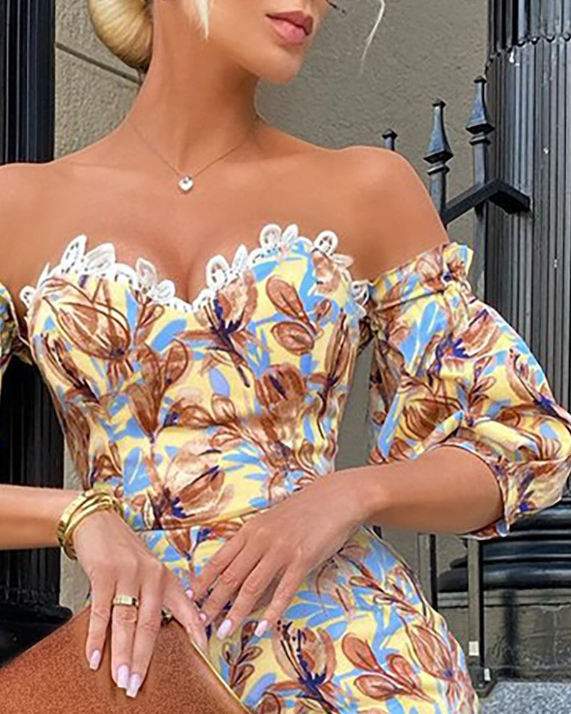 Floral Print Lace Trim Puff Sleeve Dress
