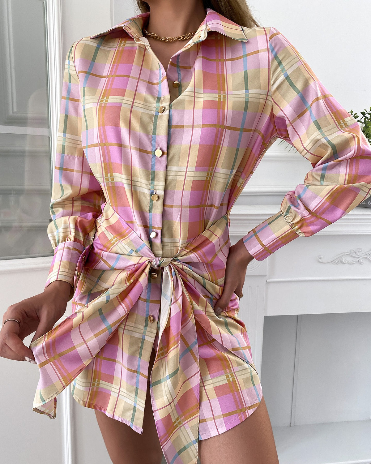 Plaid Print Tied Detail Buttoned Shirt Dress