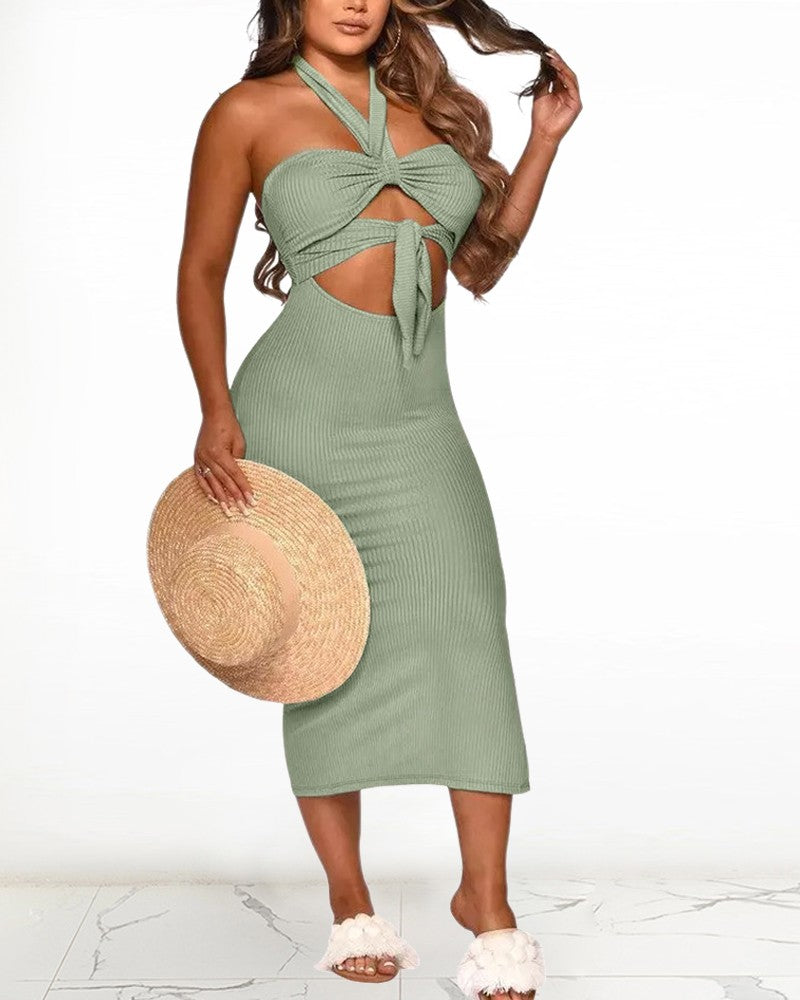 Solid Color Backless Cut-out Halter Sleeveless Knitted Maxi Dress