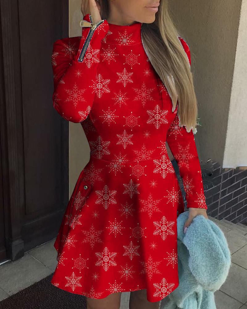 Christmas Snowflake Print Zip Decor Dress1