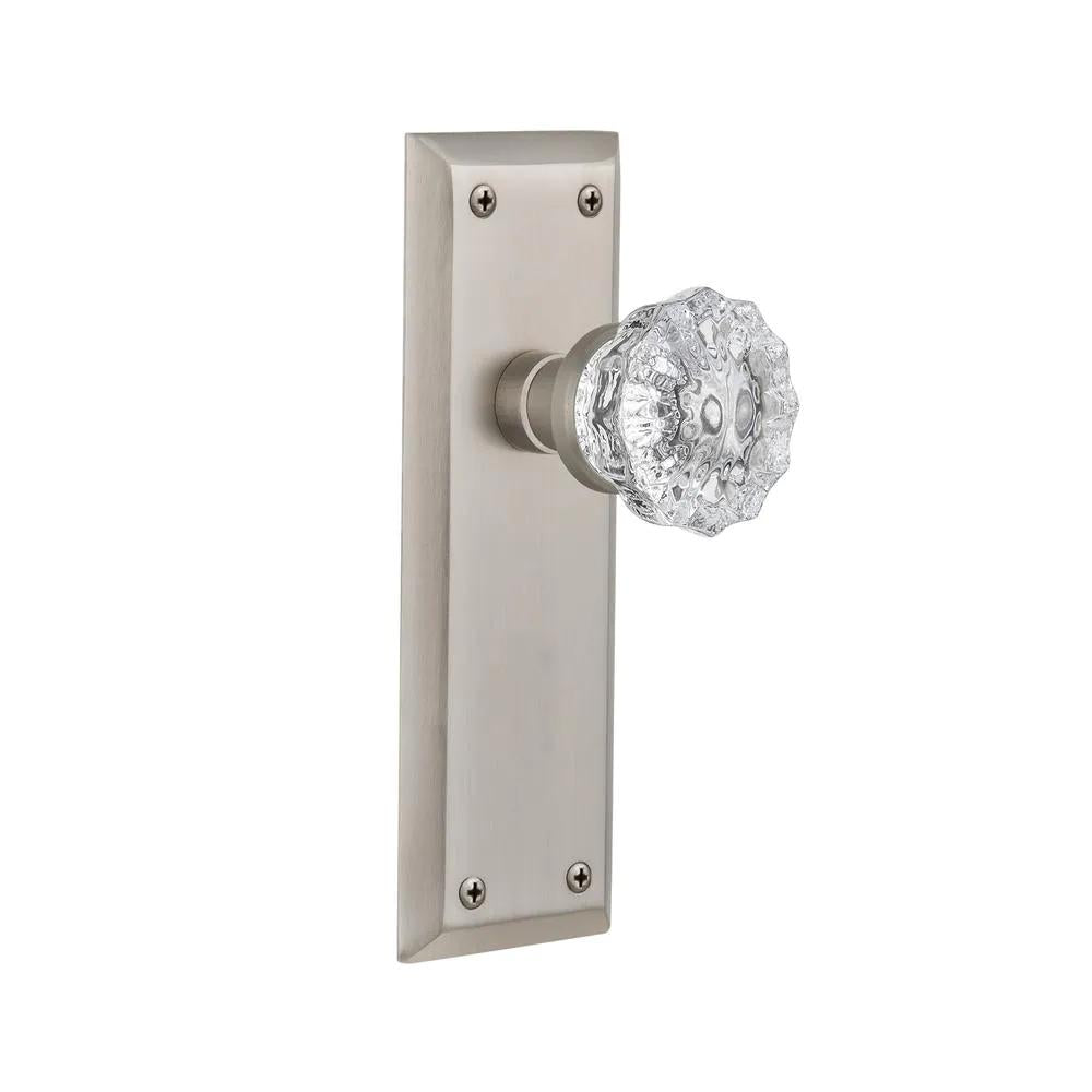 York Plate Double Dummy Crystal Glass Door Knob in Satin Nickel