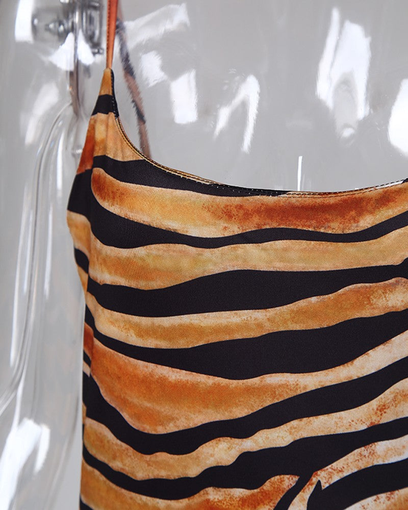 Tiger Print Square Neck Spaghetti Strap Maxi Dress