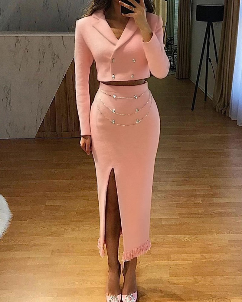 Double Breasted Blazer Coat & Slit Chain Strap Maxi Skirt Set