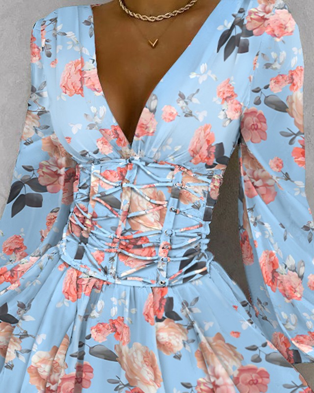 Floral Print V-Neck Lace Up Fold Pleat Dress