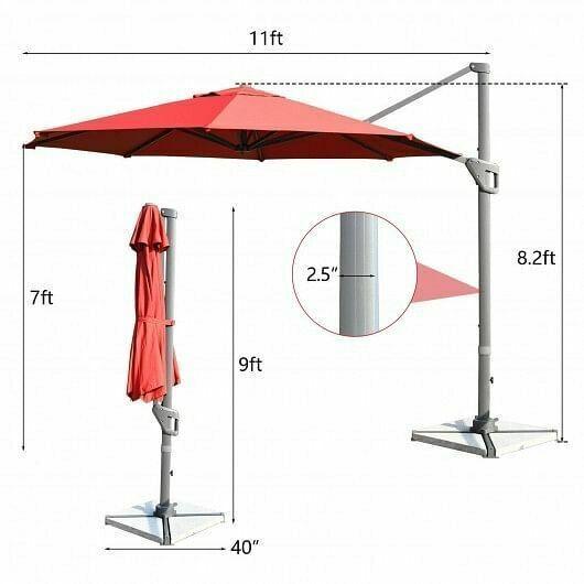 11ft Patio Offset Umbrella with 360 Rotation and Tilt System-Wine - Color: Wine