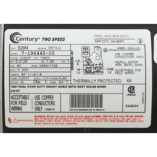 Motor, Century, 2.0hp, 230v, 2-Spd, 56Yfr, SQFL, EE