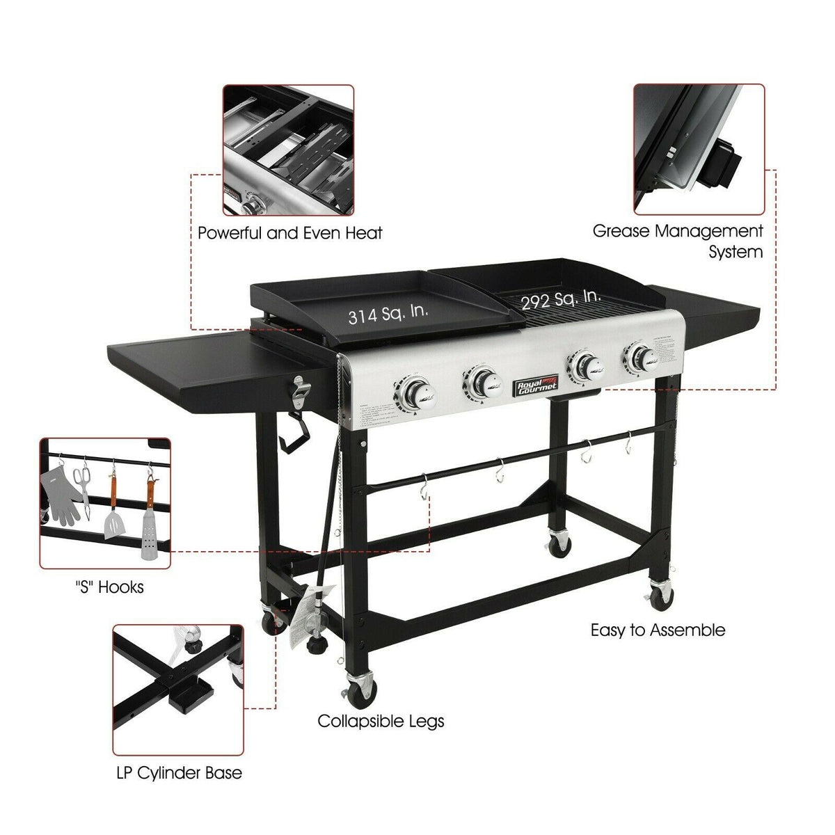 Royal Gourmet 4-Burner Portable Flat Top Gas Grill and Griddle Combo GD401